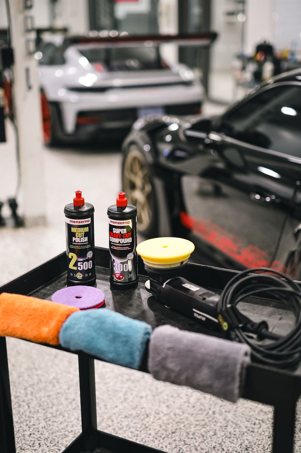 Polishing compounds, pads and a machine polisher on a cart